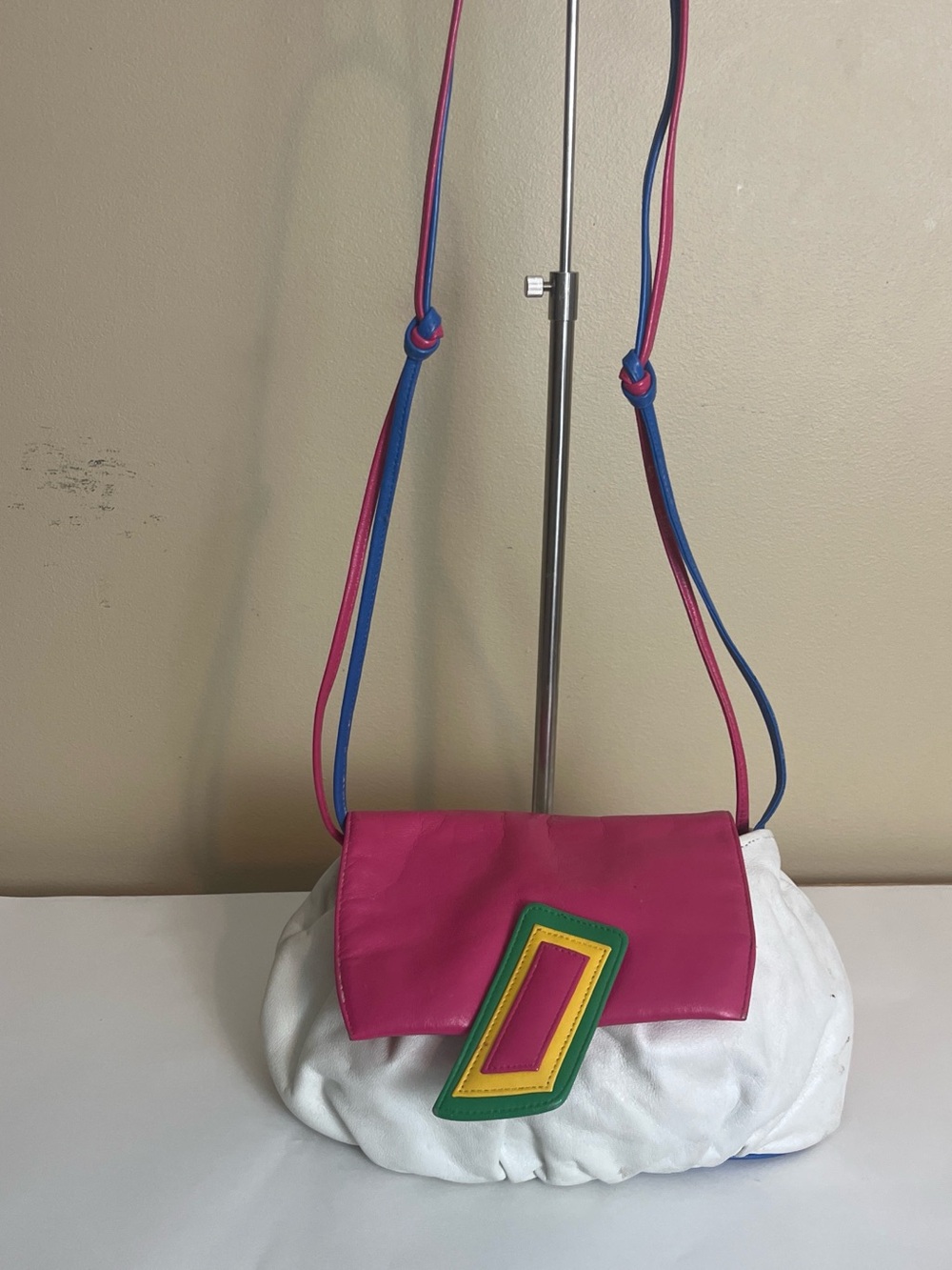 Pink and White Shoulder Bag with Colorful Geometric Accent
